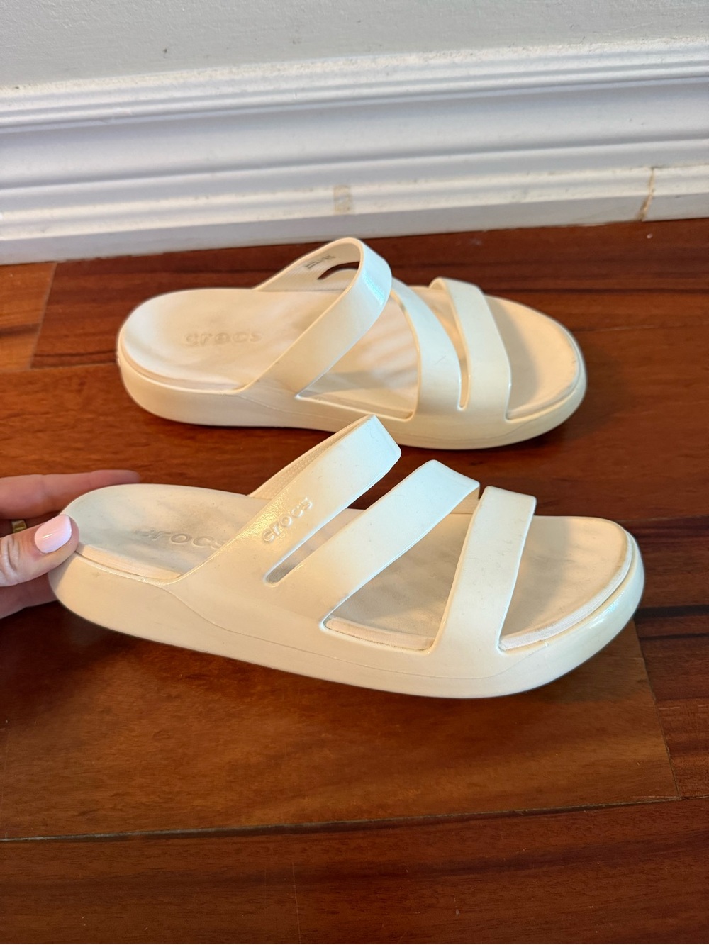 CROCS Women’s Triple-Strap Slide Sandals in Off-White